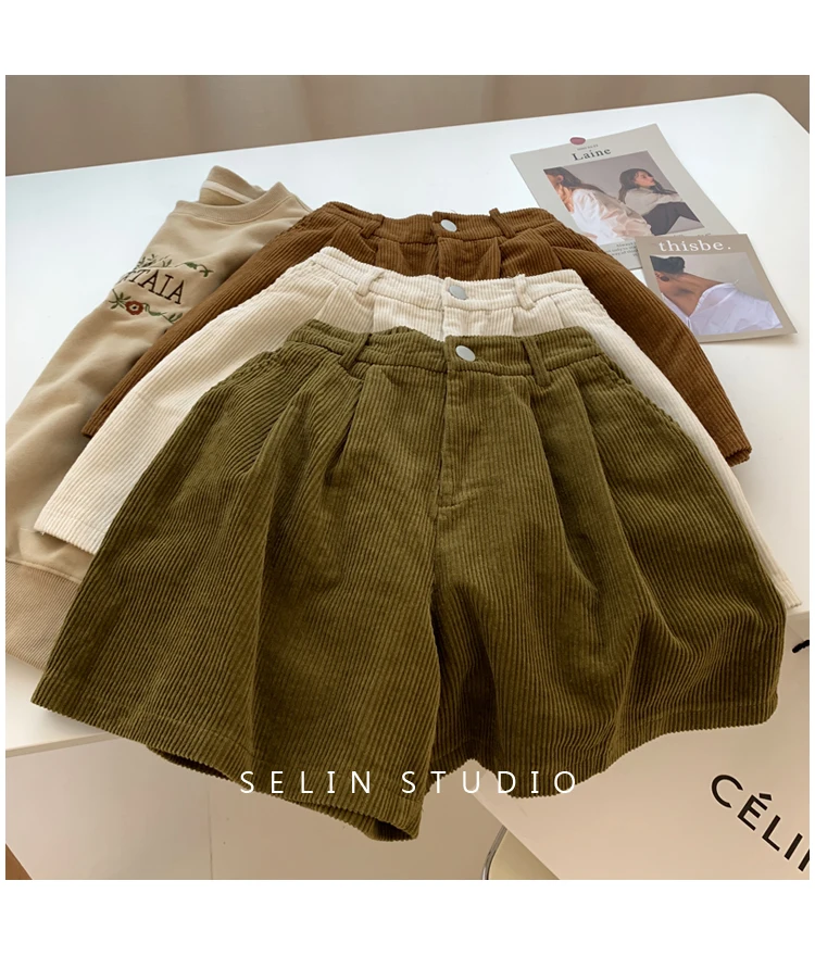 2024 New Corduroy Women's Cargo Shorts Autumn Winter High Waist Wide Leg Shorts Casual Vintage Female Trousers Fashion