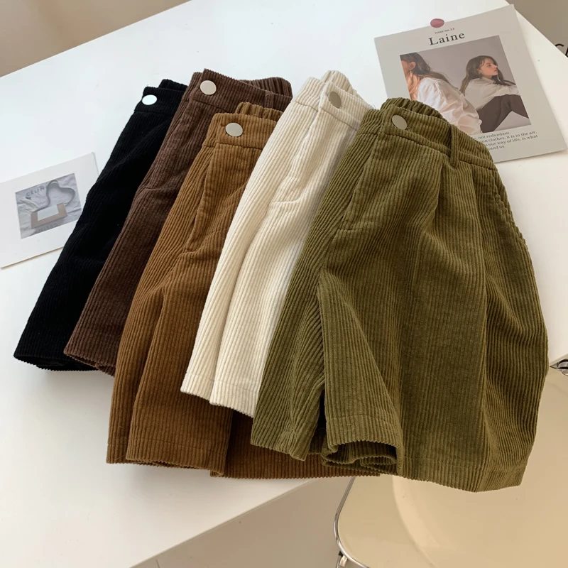 2024 New Corduroy Women's Cargo Shorts Autumn Winter High Waist Wide Leg Shorts Casual Vintage Female Trousers Fashion