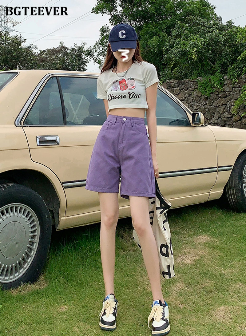 BGTEEVER Chic Straight Loose Women Jeans Shorts Summer High Waist Pockets Female Wide Leg Denim Shorts
