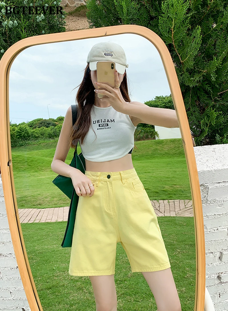 BGTEEVER Chic Straight Loose Women Jeans Shorts Summer High Waist Pockets Female Wide Leg Denim Shorts