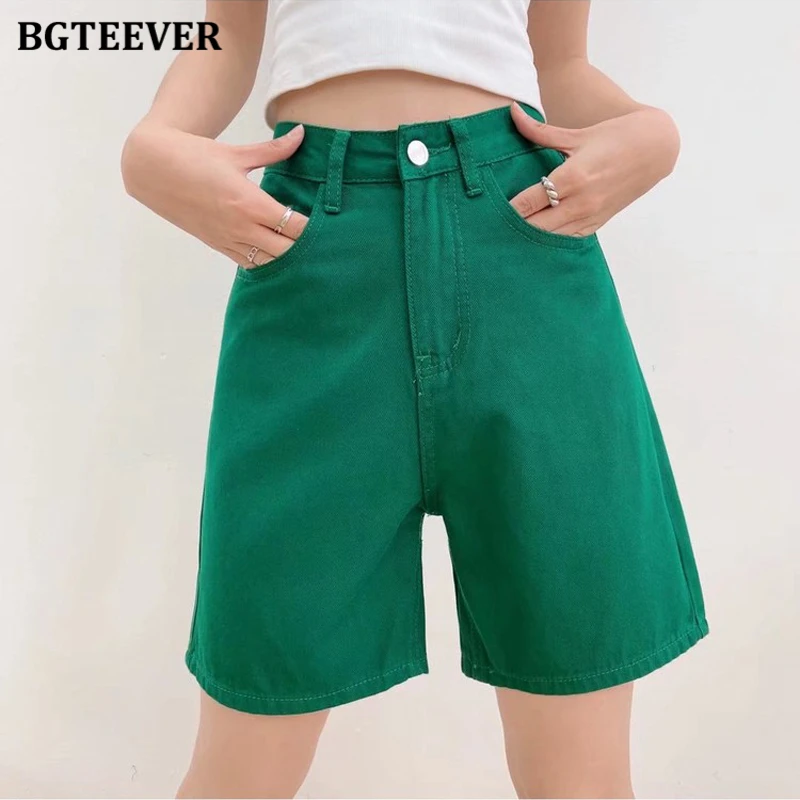 BGTEEVER Chic Straight Loose Women Jeans Shorts Summer High Waist Pockets Female Wide Leg Denim Shorts