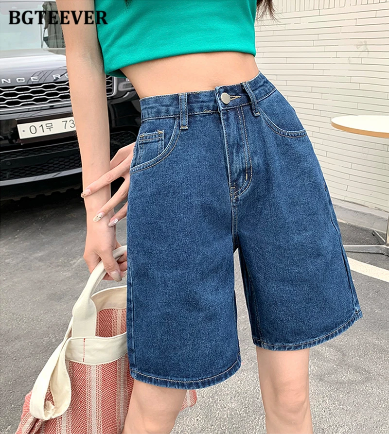 BGTEEVER Chic Straight Loose Women Jeans Shorts Summer High Waist Pockets Female Wide Leg Denim Shorts