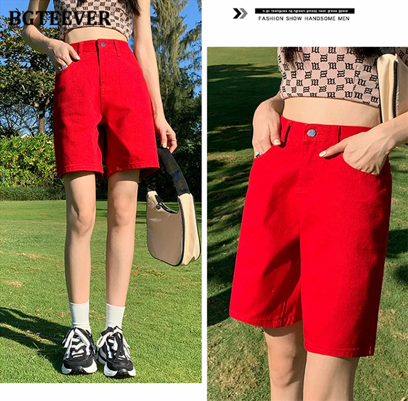 BGTEEVER Chic Straight Loose Women Jeans Shorts Summer High Waist Pockets Female Wide Leg Denim Shorts