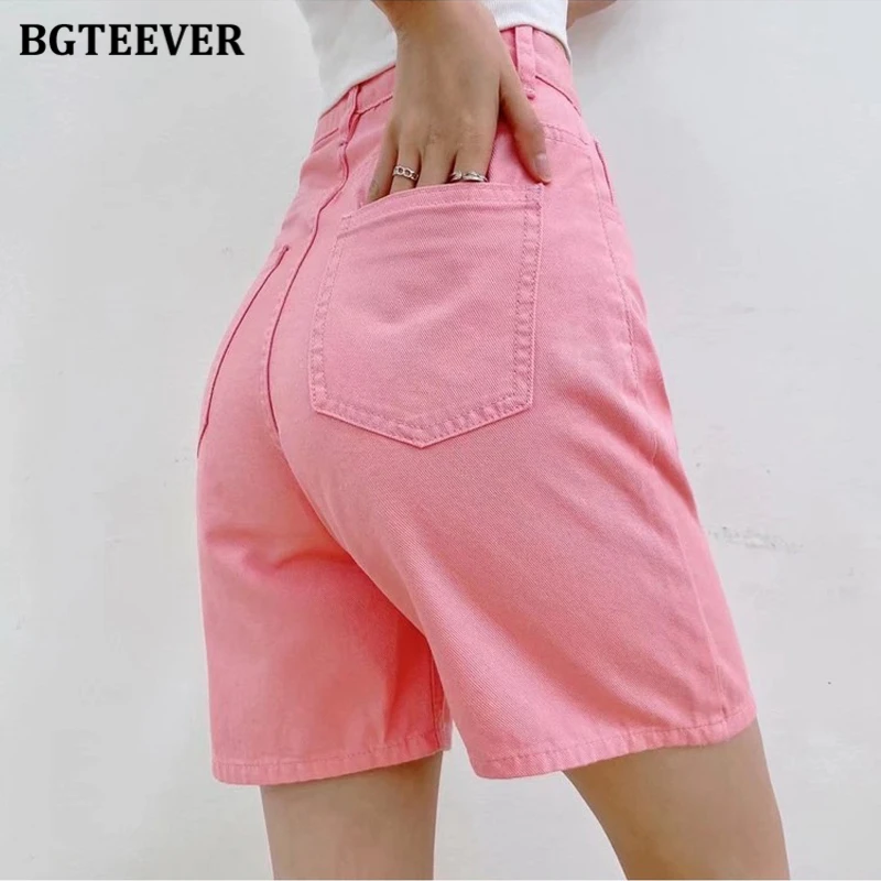 BGTEEVER Chic Straight Loose Women Jeans Shorts Summer High Waist Pockets Female Wide Leg Denim Shorts