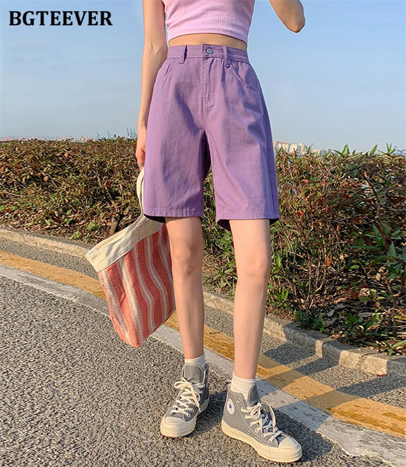 BGTEEVER Chic Straight Loose Women Jeans Shorts Summer High Waist Pockets Female Wide Leg Denim Shorts