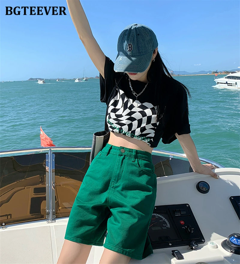 BGTEEVER Chic Straight Loose Women Jeans Shorts Summer High Waist Pockets Female Wide Leg Denim Shorts