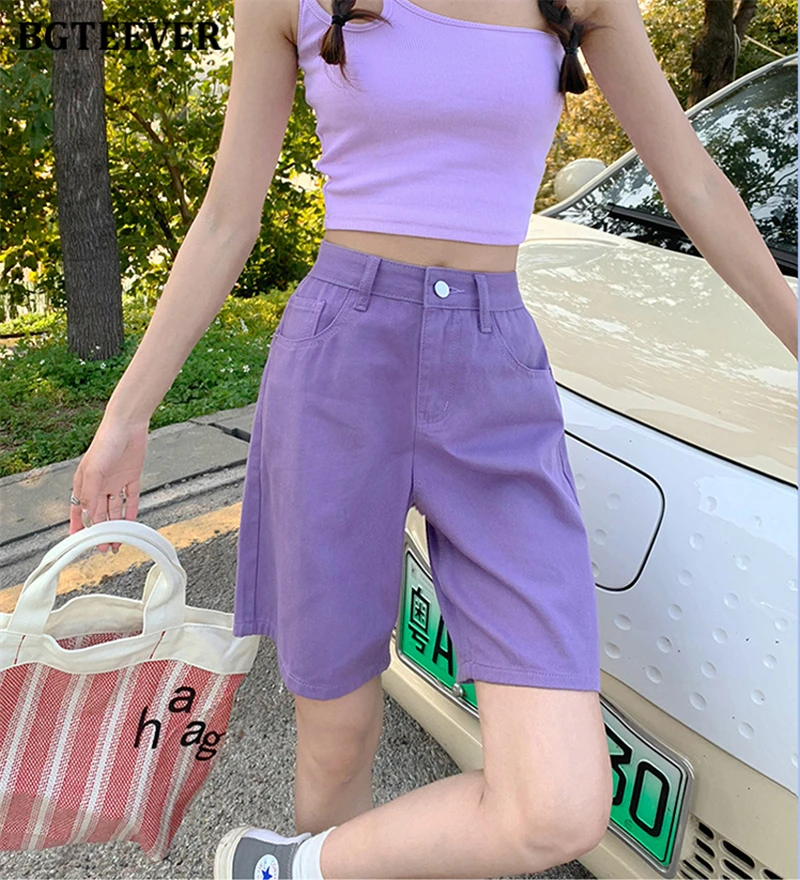 BGTEEVER Chic Straight Loose Women Jeans Shorts Summer High Waist Pockets Female Wide Leg Denim Shorts