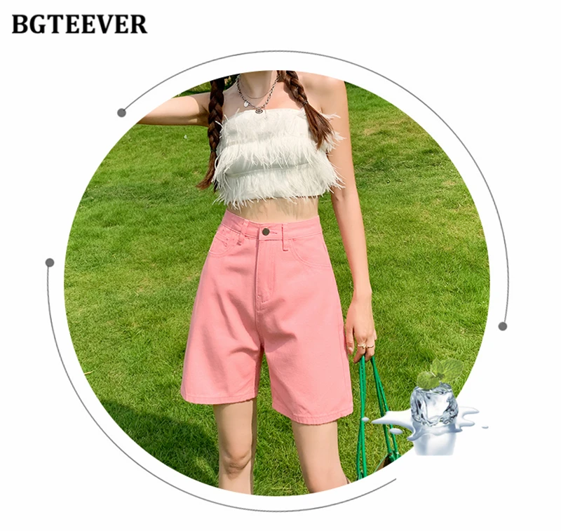 BGTEEVER Chic Straight Loose Women Jeans Shorts Summer High Waist Pockets Female Wide Leg Denim Shorts