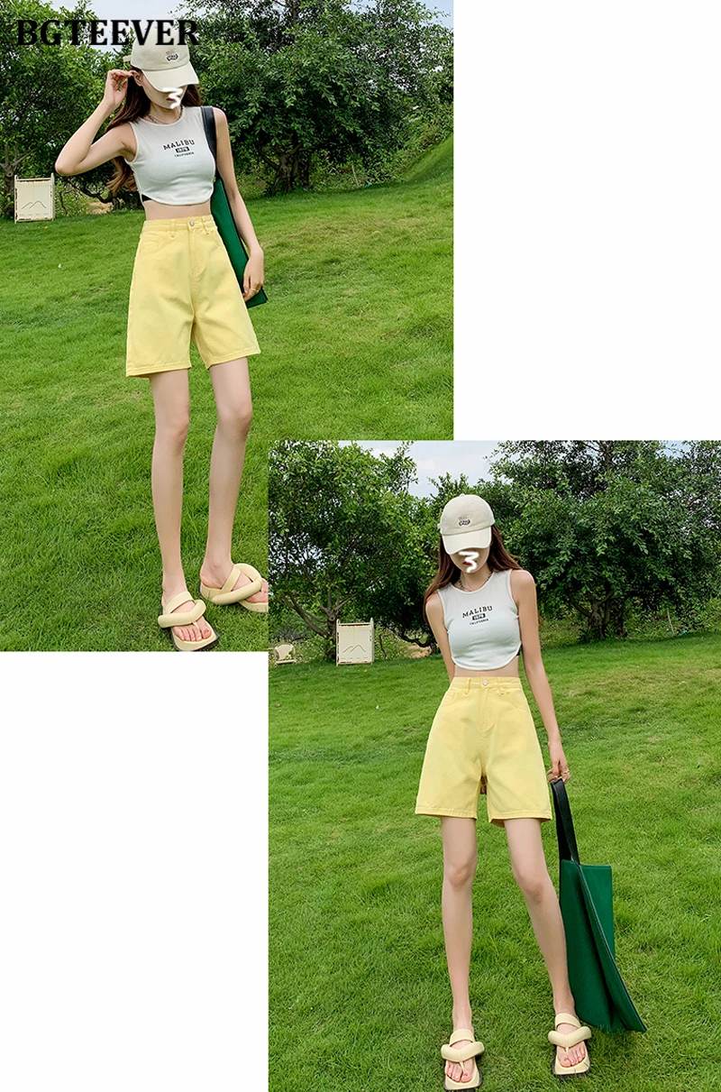 BGTEEVER Chic Straight Loose Women Jeans Shorts Summer High Waist Pockets Female Wide Leg Denim Shorts