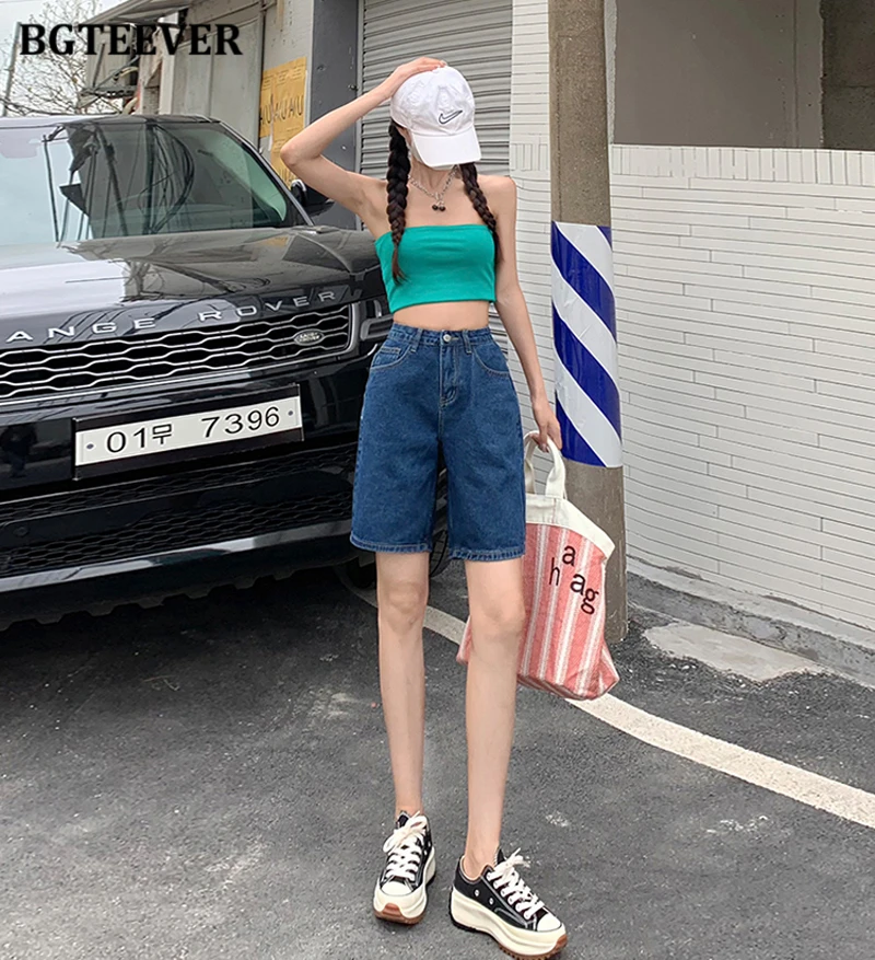 BGTEEVER Chic Straight Loose Women Jeans Shorts Summer High Waist Pockets Female Wide Leg Denim Shorts