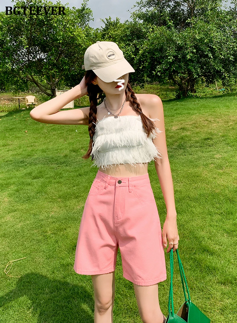 BGTEEVER Chic Straight Loose Women Jeans Shorts Summer High Waist Pockets Female Wide Leg Denim Shorts