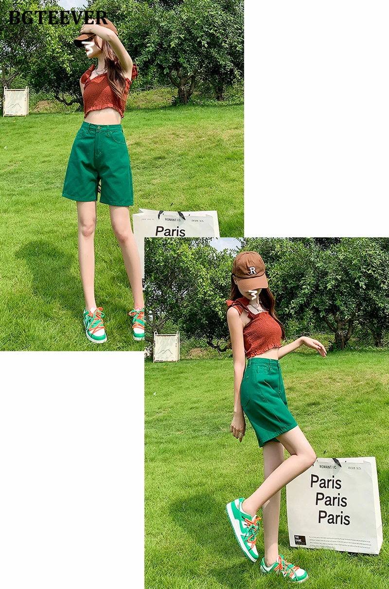 BGTEEVER Chic Straight Loose Women Jeans Shorts Summer High Waist Pockets Female Wide Leg Denim Shorts