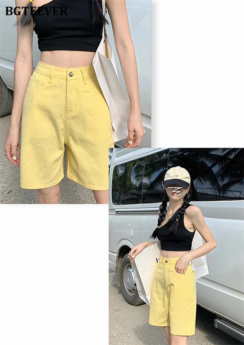 BGTEEVER Chic Straight Loose Women Jeans Shorts Summer High Waist Pockets Female Wide Leg Denim Shorts