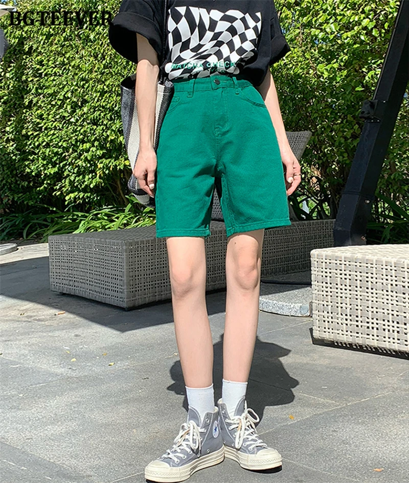 BGTEEVER Chic Straight Loose Women Jeans Shorts Summer High Waist Pockets Female Wide Leg Denim Shorts