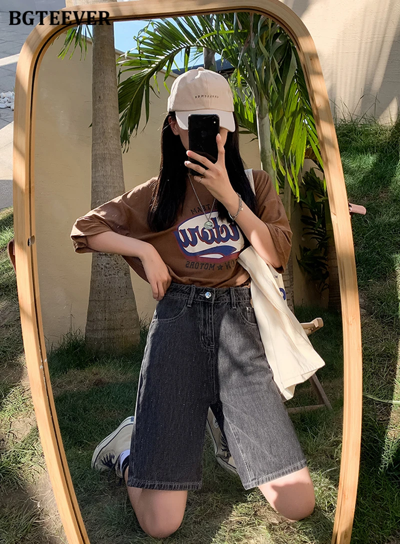 BGTEEVER Chic Straight Loose Women Jeans Shorts Summer High Waist Pockets Female Wide Leg Denim Shorts