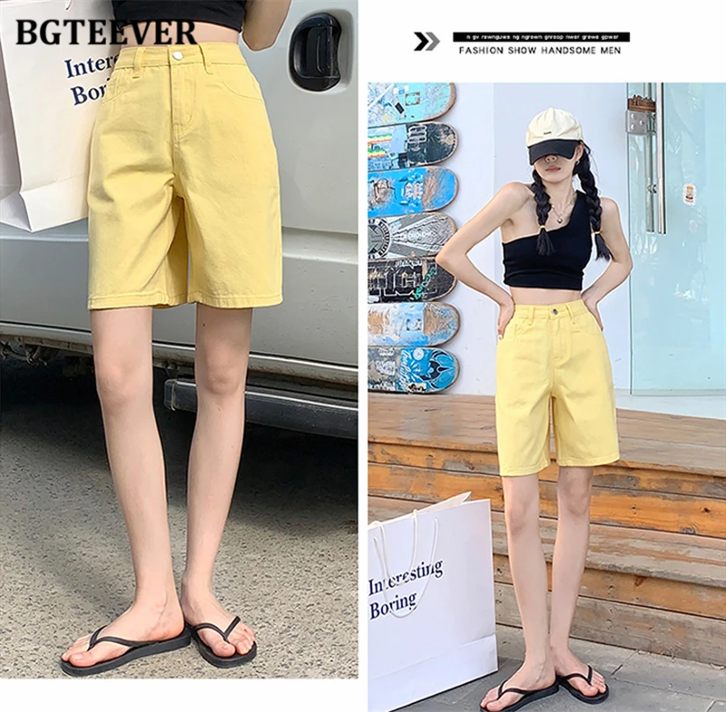 BGTEEVER Chic Straight Loose Women Jeans Shorts Summer High Waist Pockets Female Wide Leg Denim Shorts