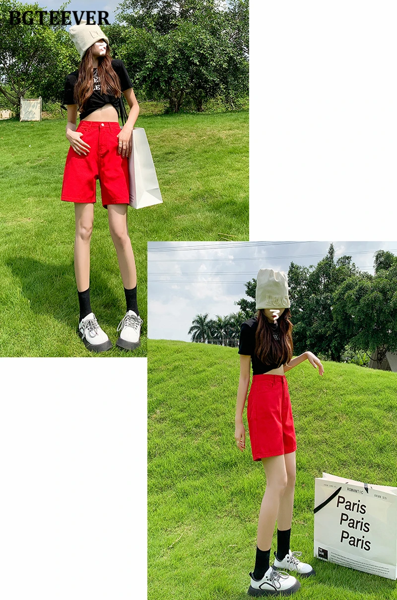 BGTEEVER Chic Straight Loose Women Jeans Shorts Summer High Waist Pockets Female Wide Leg Denim Shorts