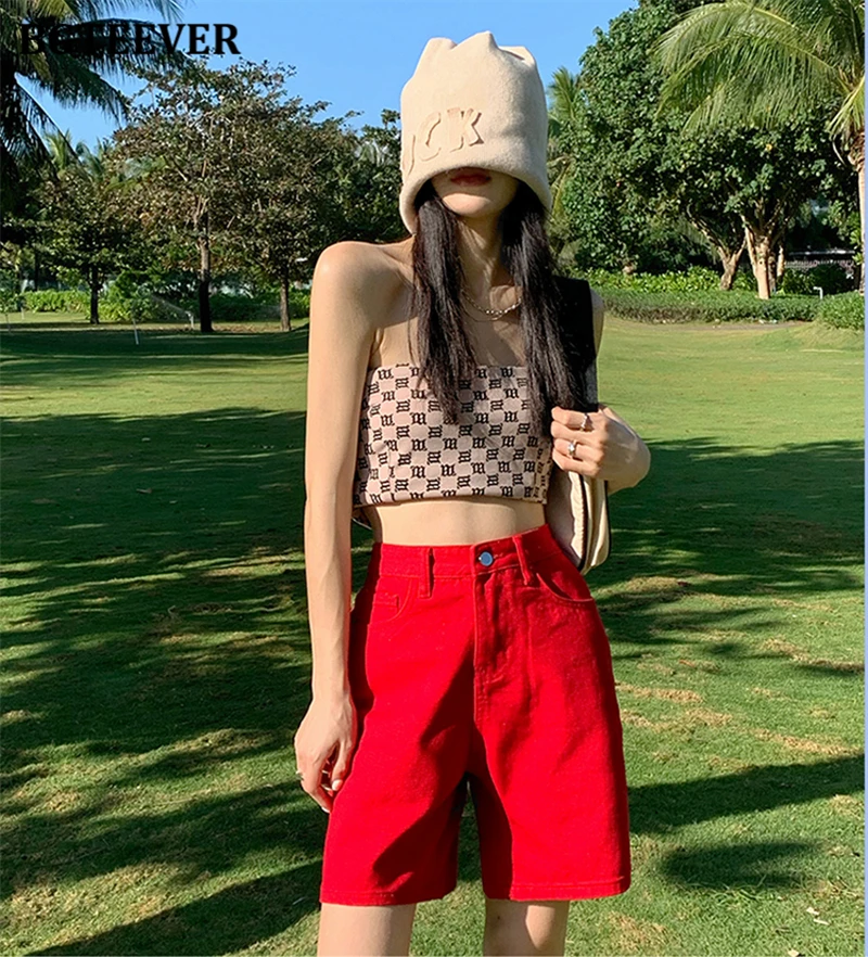 BGTEEVER Chic Straight Loose Women Jeans Shorts Summer High Waist Pockets Female Wide Leg Denim Shorts