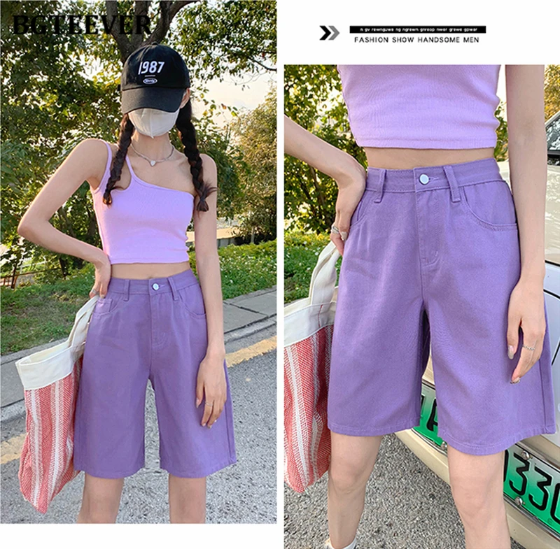 BGTEEVER Chic Straight Loose Women Jeans Shorts Summer High Waist Pockets Female Wide Leg Denim Shorts
