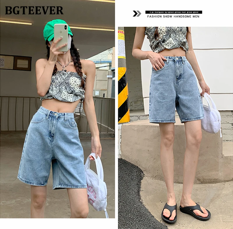 BGTEEVER Chic Straight Loose Women Jeans Shorts Summer High Waist Pockets Female Wide Leg Denim Shorts