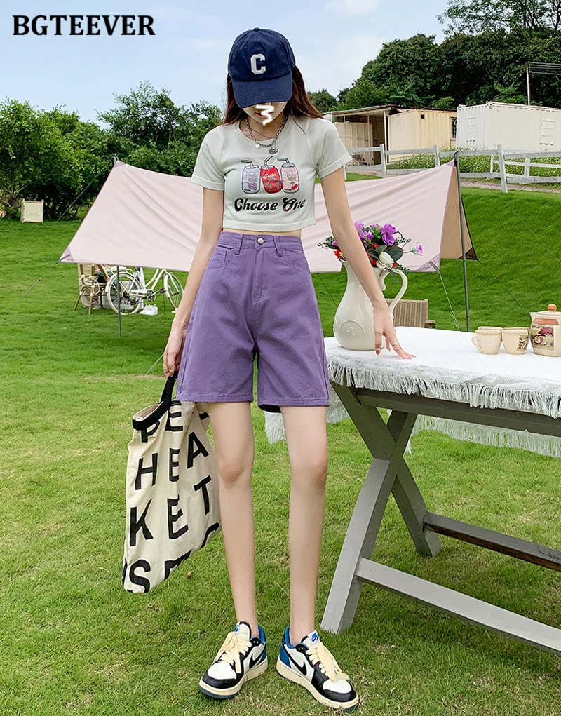 BGTEEVER Chic Straight Loose Women Jeans Shorts Summer High Waist Pockets Female Wide Leg Denim Shorts