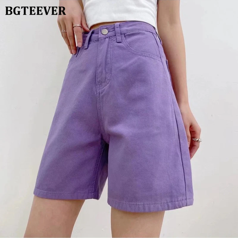 BGTEEVER Chic Straight Loose Women Jeans Shorts Summer High Waist Pockets Female Wide Leg Denim Shorts
