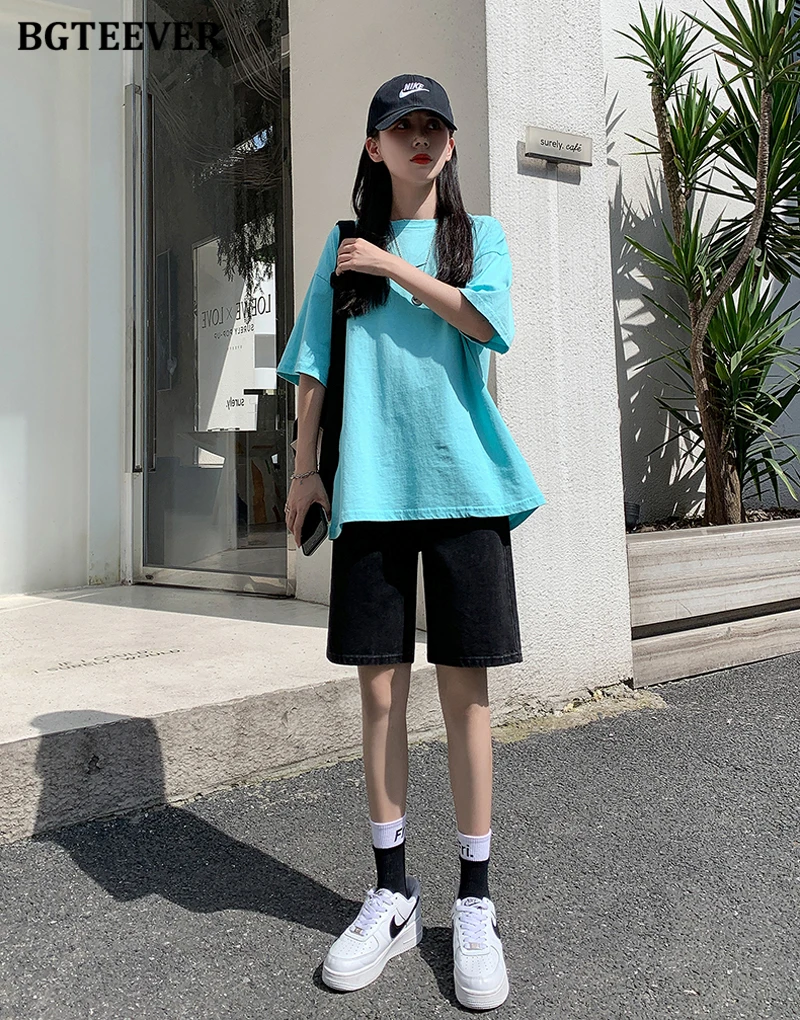 BGTEEVER Chic Straight Loose Women Jeans Shorts Summer High Waist Pockets Female Wide Leg Denim Shorts