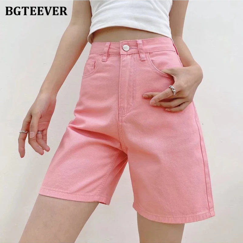 BGTEEVER Chic Straight Loose Women Jeans Shorts Summer High Waist Pockets Female Wide Leg Denim Shorts