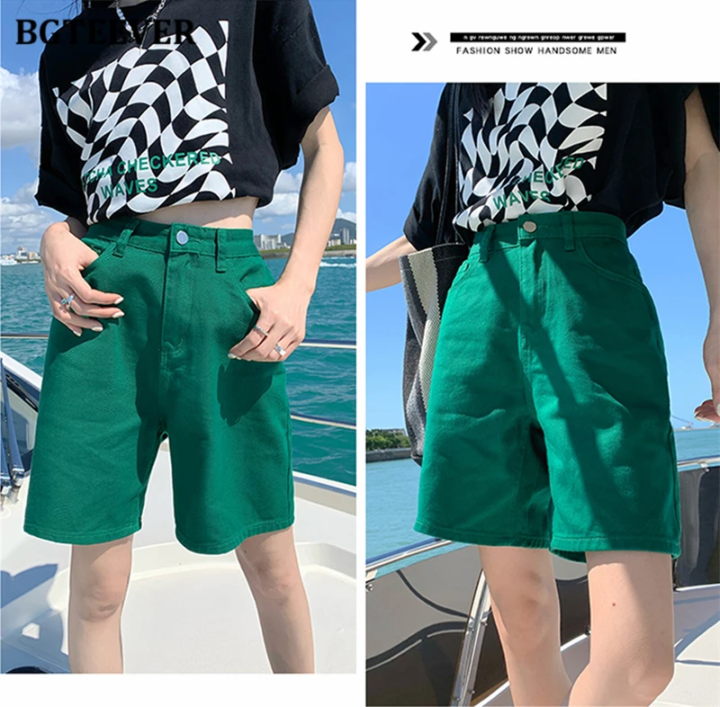 BGTEEVER Chic Straight Loose Women Jeans Shorts Summer High Waist Pockets Female Wide Leg Denim Shorts