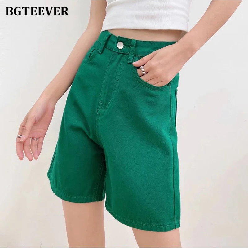 BGTEEVER Chic Straight Loose Women Jeans Shorts Summer High Waist Pockets Female Wide Leg Denim Shorts