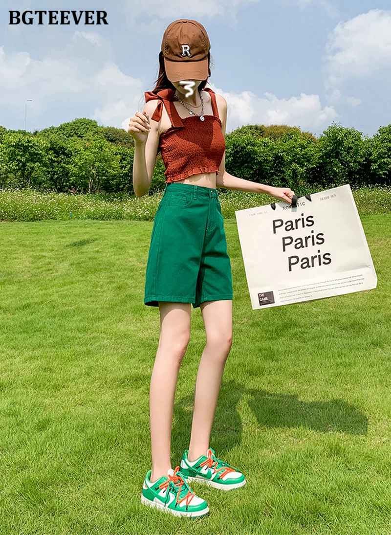 BGTEEVER Chic Straight Loose Women Jeans Shorts Summer High Waist Pockets Female Wide Leg Denim Shorts