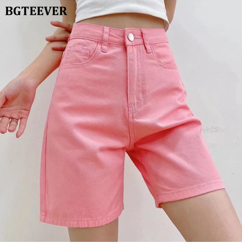 BGTEEVER Chic Straight Loose Women Jeans Shorts Summer High Waist Pockets Female Wide Leg Denim Shorts