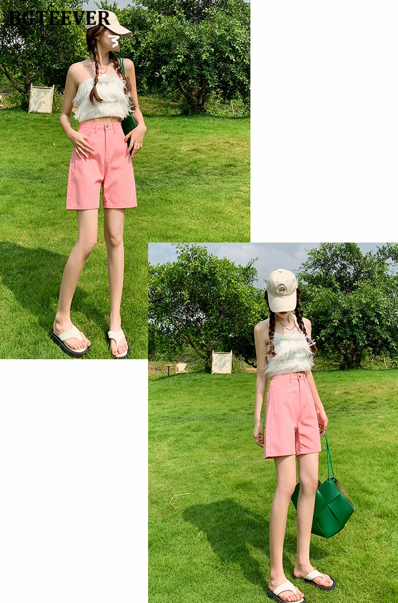 BGTEEVER Chic Straight Loose Women Jeans Shorts Summer High Waist Pockets Female Wide Leg Denim Shorts