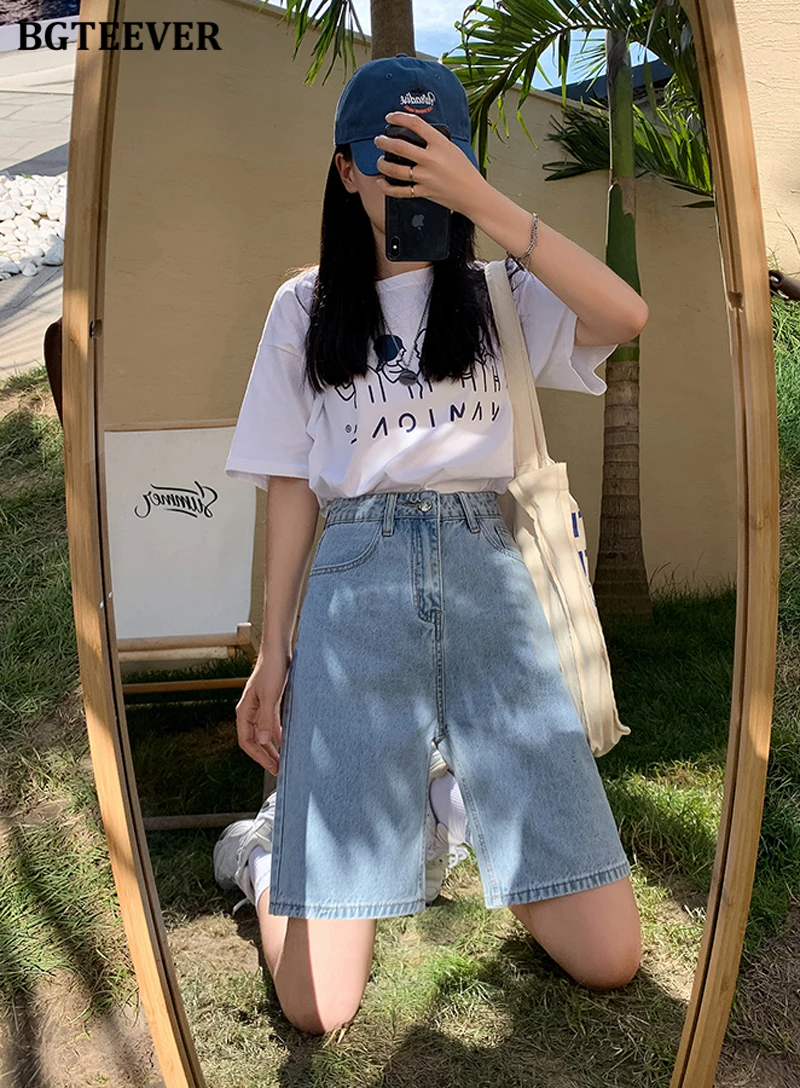 BGTEEVER Chic Straight Loose Women Jeans Shorts Summer High Waist Pockets Female Wide Leg Denim Shorts