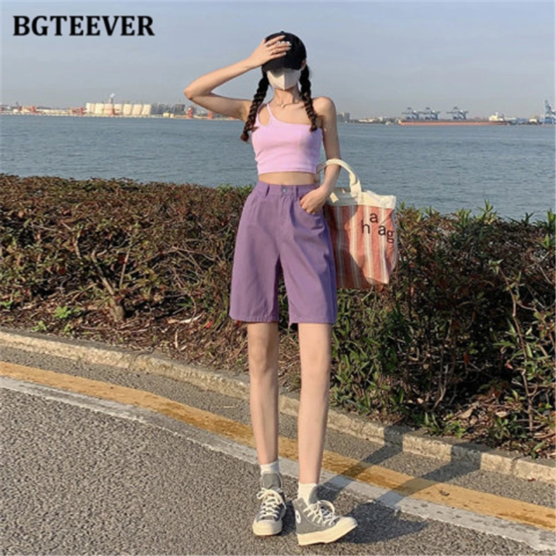 BGTEEVER Chic Straight Loose Women Jeans Shorts Summer High Waist Pockets Female Wide Leg Denim Shorts