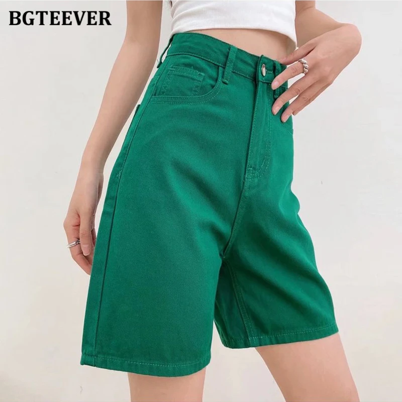 BGTEEVER Chic Straight Loose Women Jeans Shorts Summer High Waist Pockets Female Wide Leg Denim Shorts