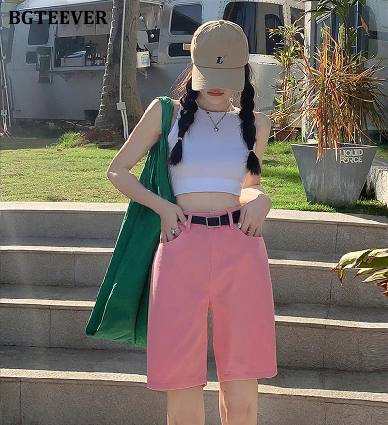 BGTEEVER Chic Straight Loose Women Jeans Shorts Summer High Waist Pockets Female Wide Leg Denim Shorts