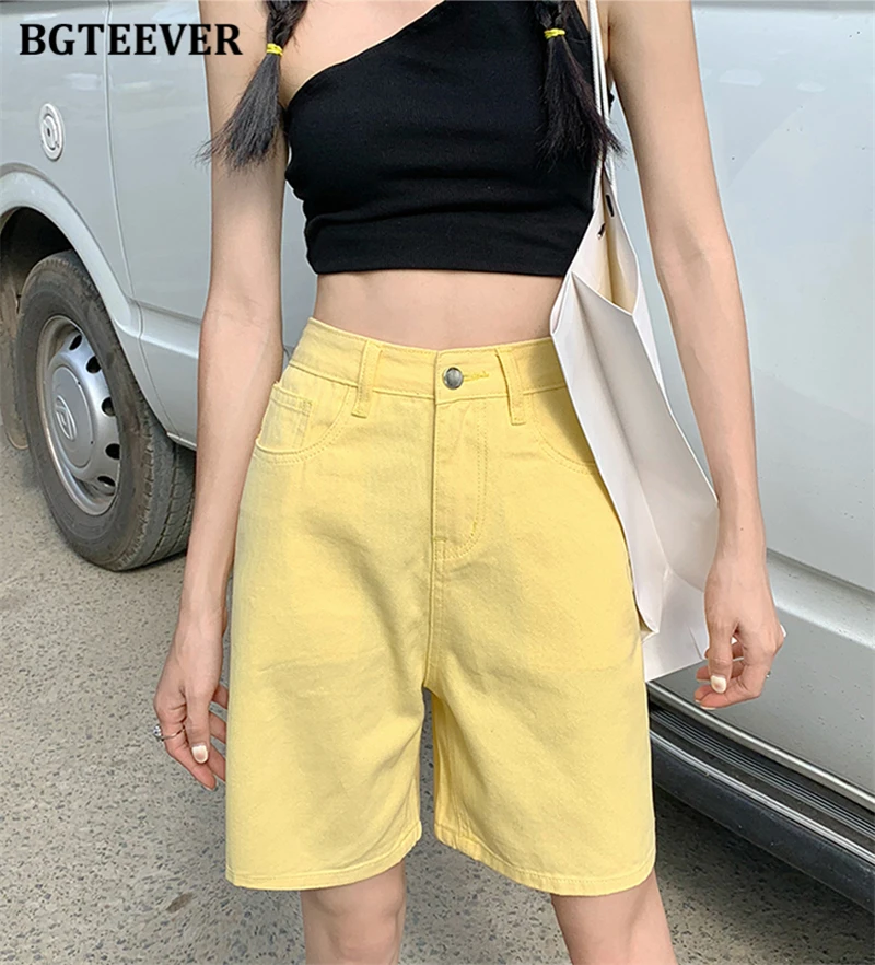 BGTEEVER Chic Straight Loose Women Jeans Shorts Summer High Waist Pockets Female Wide Leg Denim Shorts