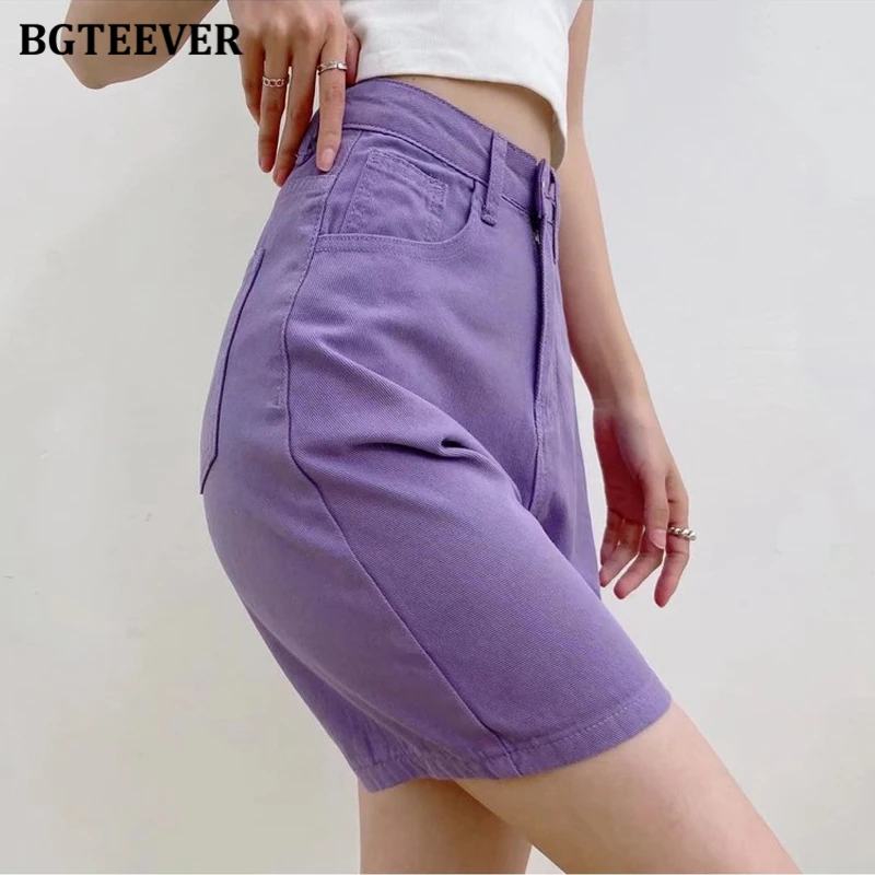 BGTEEVER Chic Straight Loose Women Jeans Shorts Summer High Waist Pockets Female Wide Leg Denim Shorts