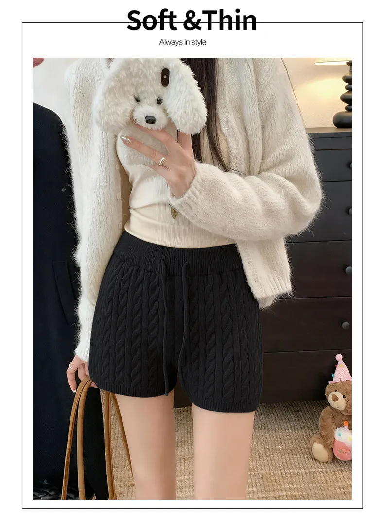 Japanese Women's Cable Knitted Shorts Autumn Winter Elastic Waist Straight Leg Short Pants Woman Soft Cozy Solid Color Shorts