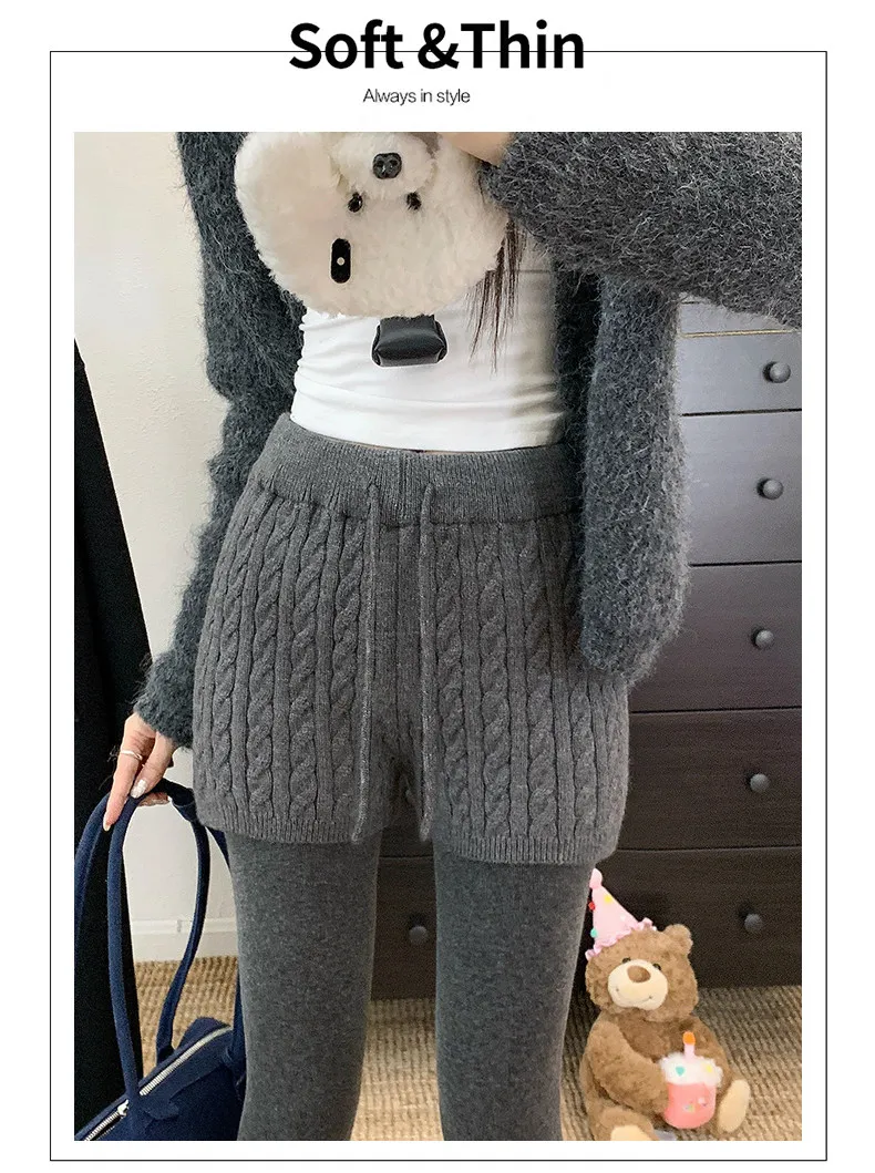 Japanese Women's Cable Knitted Shorts Autumn Winter Elastic Waist Straight Leg Short Pants Woman Soft Cozy Solid Color Shorts