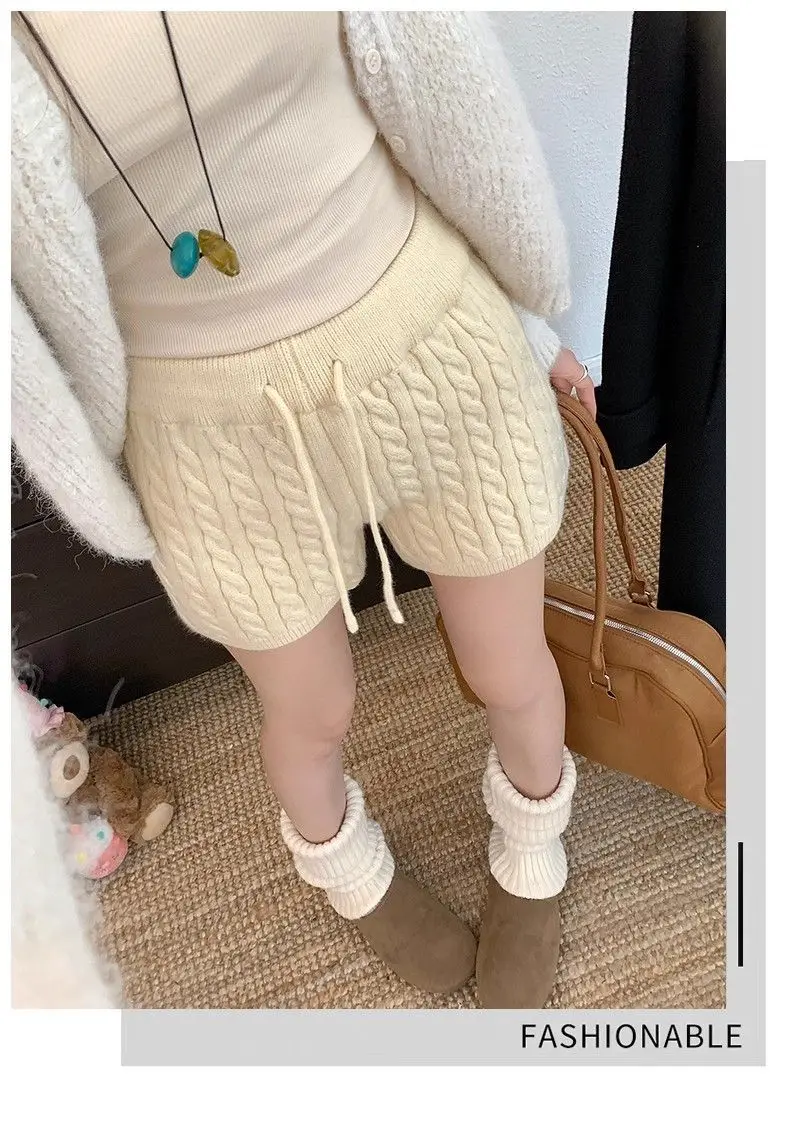 Japanese Women's Cable Knitted Shorts Autumn Winter Elastic Waist Straight Leg Short Pants Woman Soft Cozy Solid Color Shorts