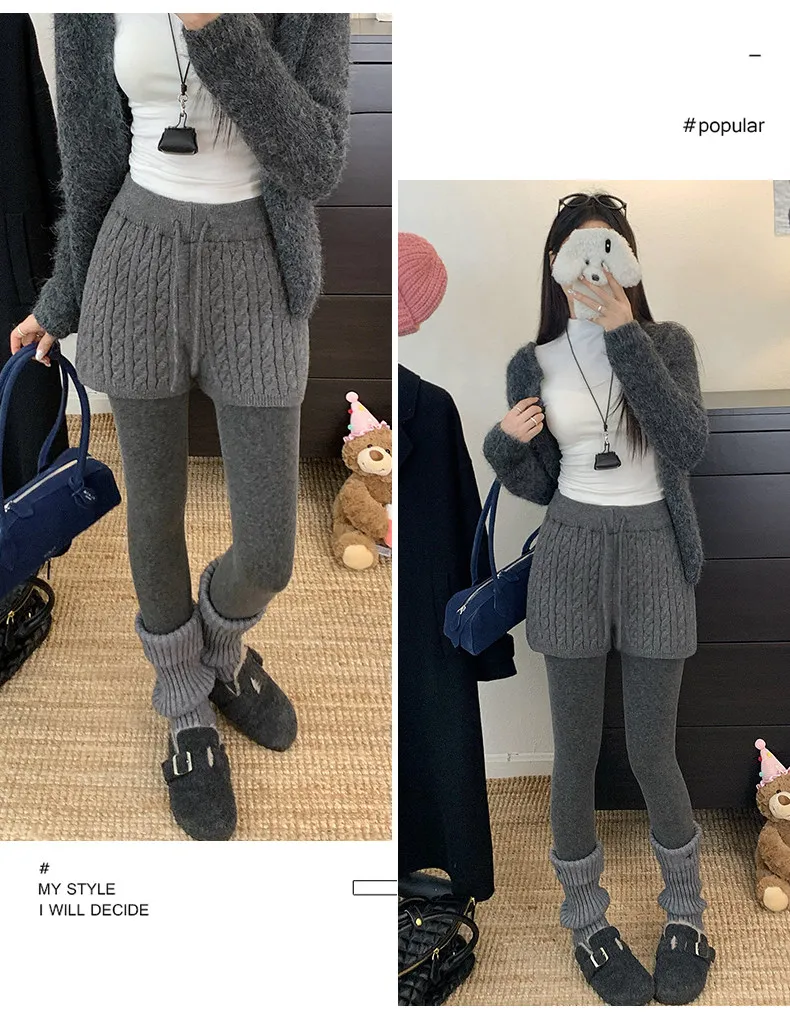Japanese Women's Cable Knitted Shorts Autumn Winter Elastic Waist Straight Leg Short Pants Woman Soft Cozy Solid Color Shorts