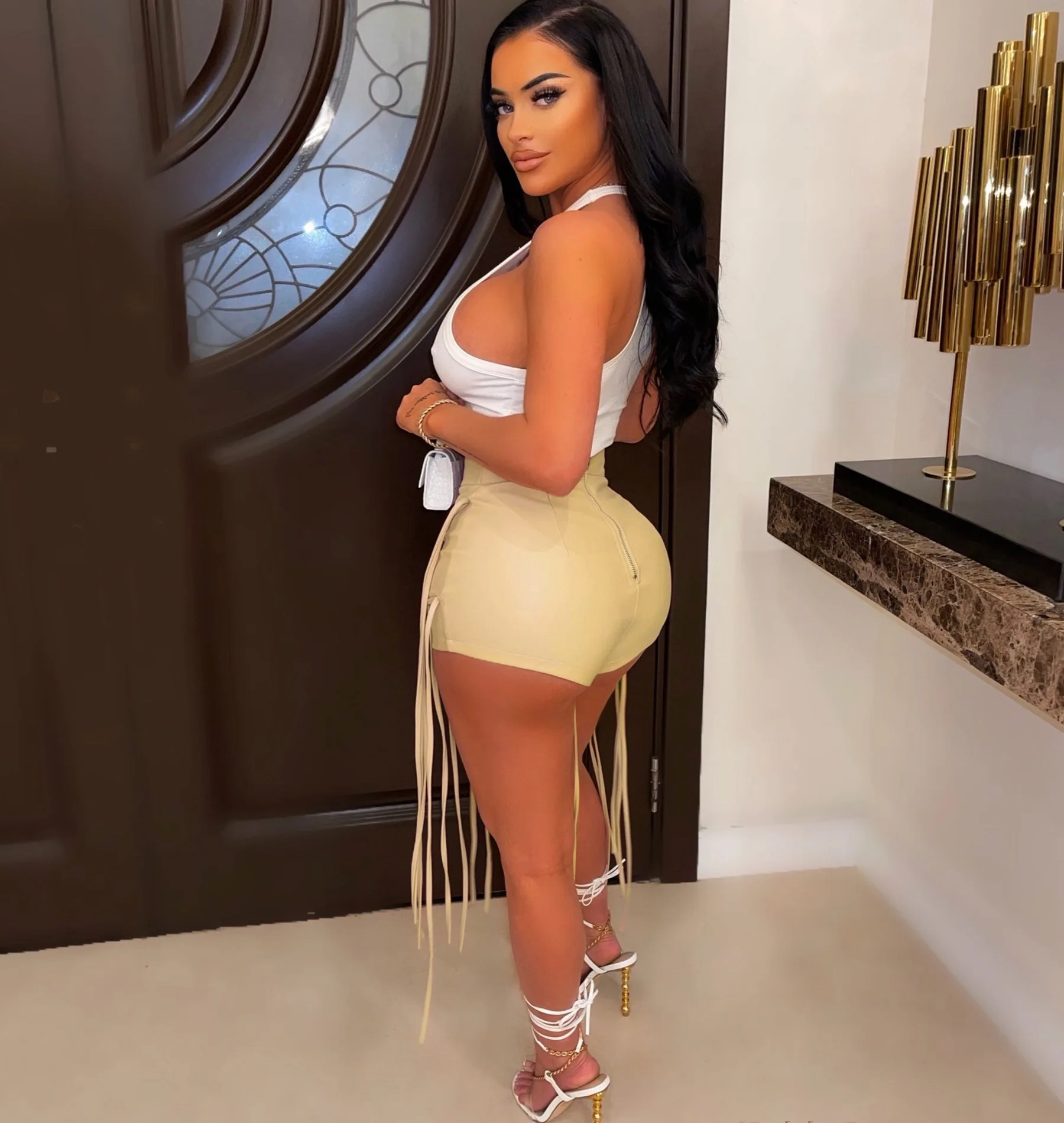 2022 Womens Wetlook Sexy Tassel Mini Shorts PU Leather High Waist Lace-up Back Booty Shorts For Night Cocktail Party Clubwear