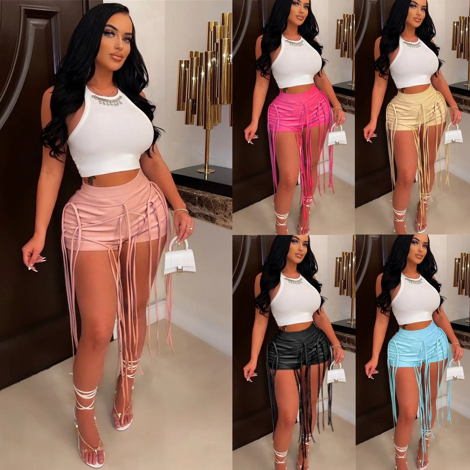2022 Womens Wetlook Sexy Tassel Mini Shorts PU Leather High Waist Lace-up Back Booty Shorts For Night Cocktail Party Clubwear