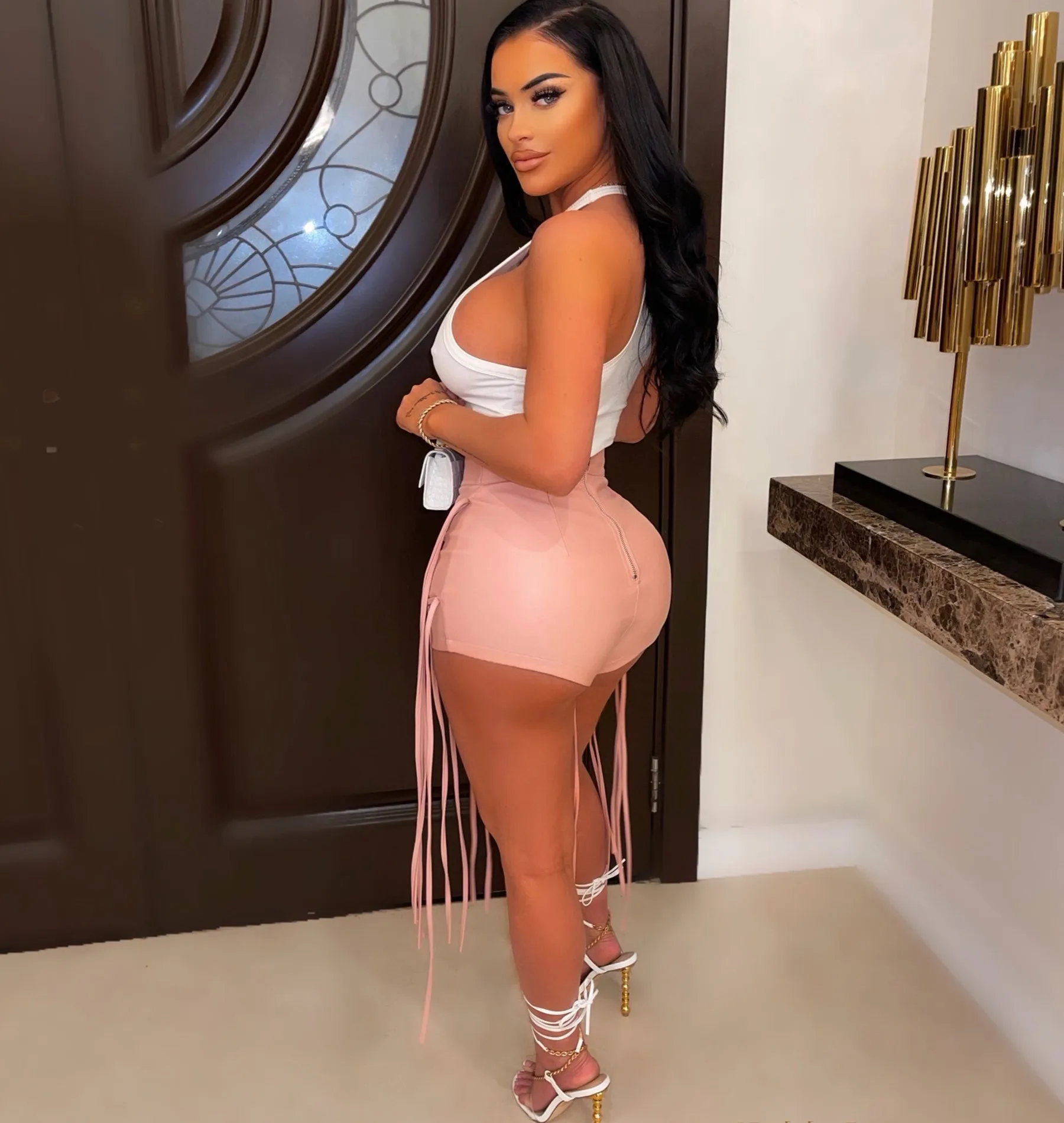 2022 Womens Wetlook Sexy Tassel Mini Shorts PU Leather High Waist Lace-up Back Booty Shorts For Night Cocktail Party Clubwear