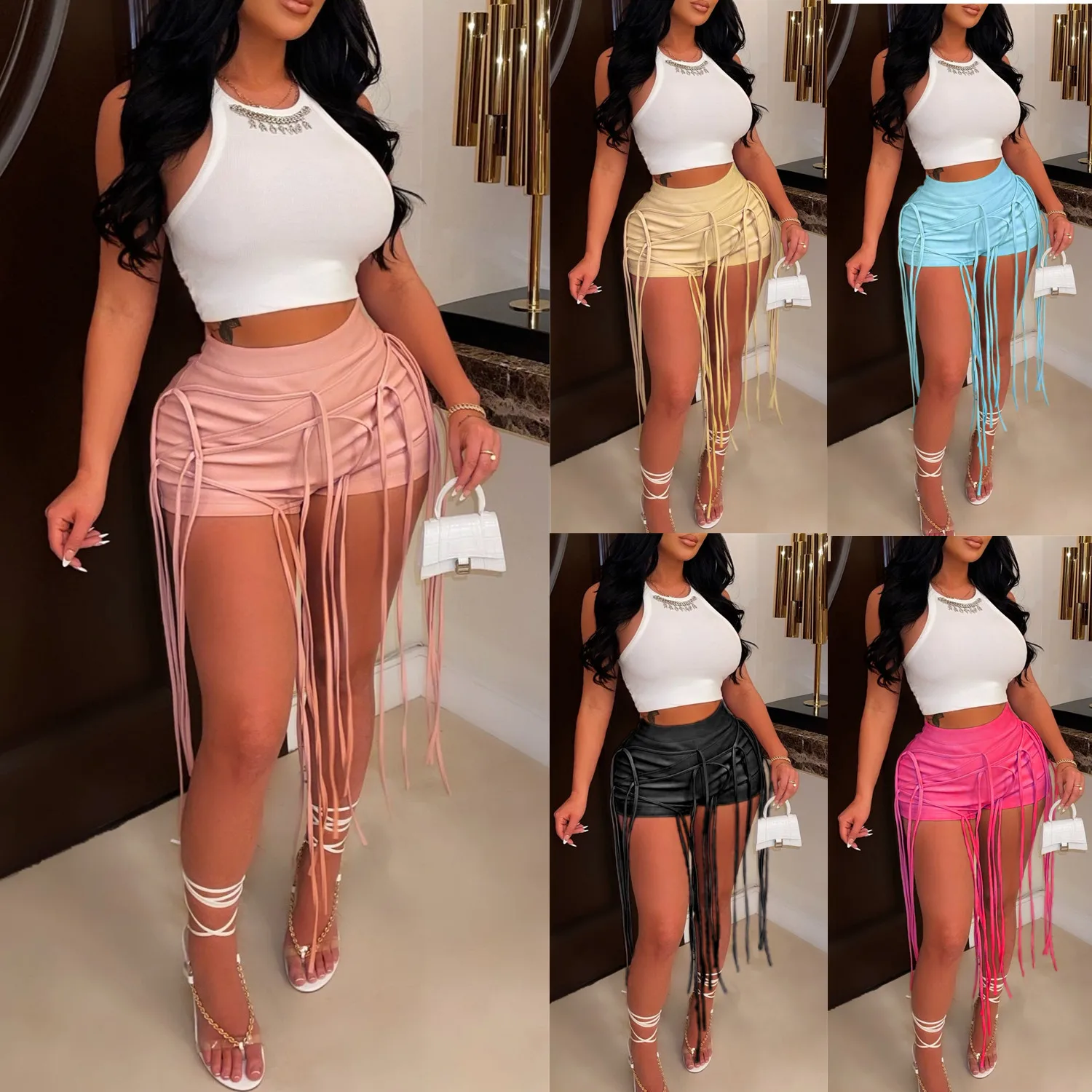 2022 Womens Wetlook Sexy Tassel Mini Shorts PU Leather High Waist Lace-up Back Booty Shorts For Night Cocktail Party Clubwear