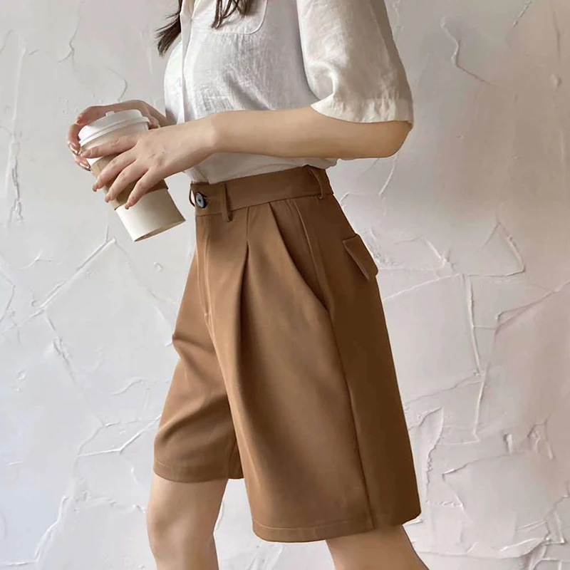 Summer High Waist Wide Leg Suit Shorts for Women 2025 Solid Color Loose Straight Office Ladies Short Pants Korean Pocket Shorts