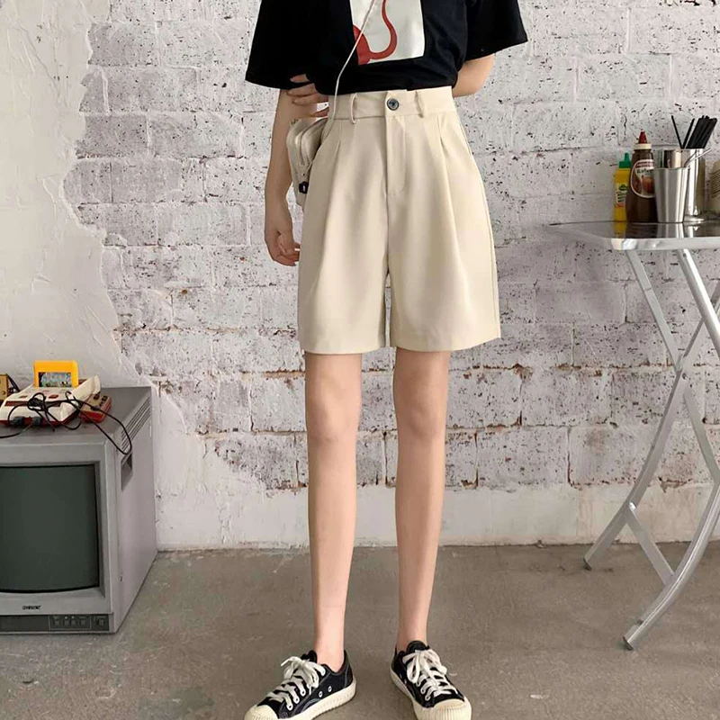 Summer High Waist Wide Leg Suit Shorts for Women 2025 Solid Color Loose Straight Office Ladies Short Pants Korean Pocket Shorts