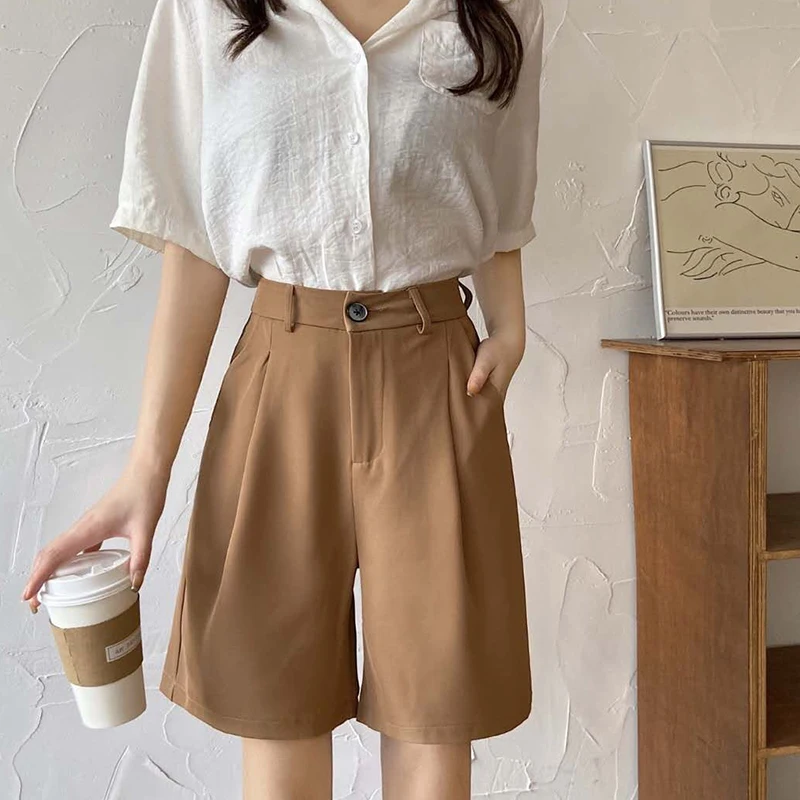 Summer High Waist Wide Leg Suit Shorts for Women 2025 Solid Color Loose Straight Office Ladies Short Pants Korean Pocket Shorts